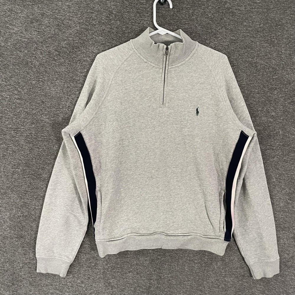 Polo Ralph Lauren Sweatshirt Mens Large Gray 1/4 Zip Pullover Stripe Fleece Mock